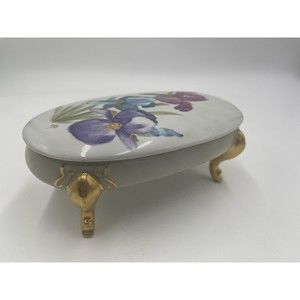 Antique Hand Painted Porcelain Jewelry Box Trinket Footed Box Signed Chiz